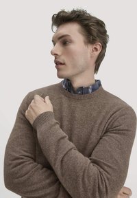 Brauner Strickpullover mit Rundhalsausschnitt, gerippten Bündchen und weicher Textur, getragen über einem blau-weiß karierten Hemd mit sichtbarem Kragen.