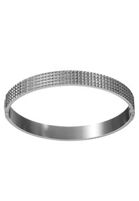 Silver metallic bangle bracelet with a flat, smooth surface and textured sides featuring a series of small pyramidal studs.