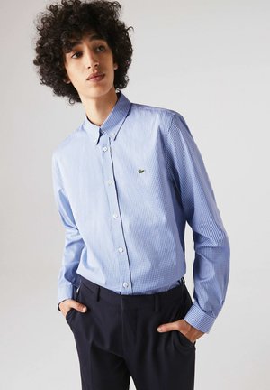 Blau-weiß karierte Button-Down-Bluse mit Kragen, langem Arm, figurbetontem Schnitt und kleinem grünen Logo auf der Brust.