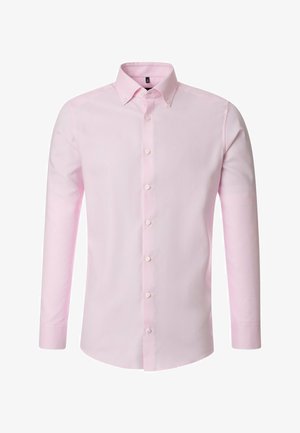 Langärmliges Hemd in Hellrosa aus glattem Stoff, mit einer durchgeknöpften Vorderseite, einem klassischen Kragen und Knopfdetails an den Manschetten.