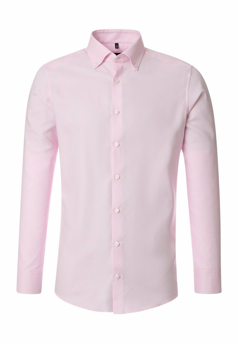 Lichtroze blouse met lange mouwen van een gladde stof, voorzien van een knoopsluiting aan de voorkant, een klassieke kraag en knoopaccenten op de manchetten.