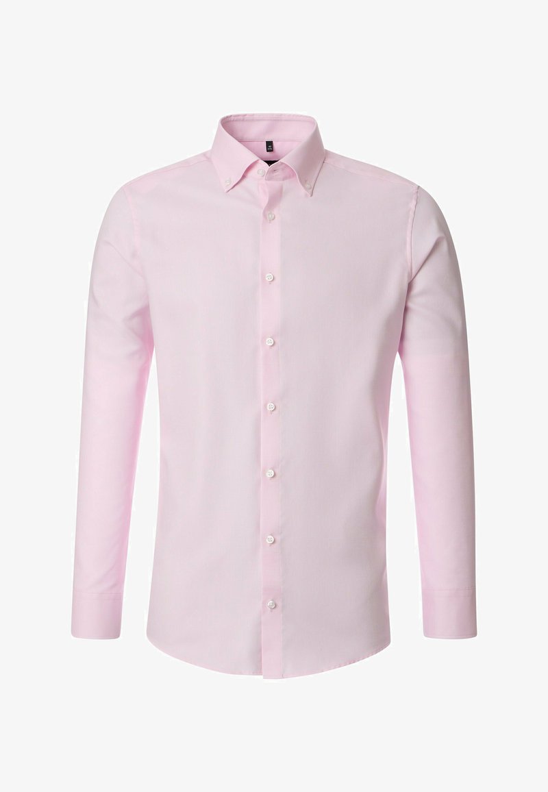 Lichtroze blouse met lange mouwen van een gladde stof, voorzien van een knoopsluiting aan de voorkant, een klassieke kraag en knoopaccenten op de manchetten.