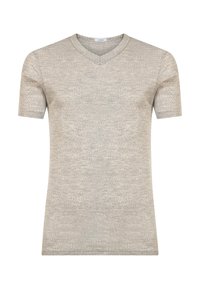 T-shirt grigio a maniche corte con scollo a V, realizzato in tessuto morbido dalla superficie liscia, con un leggero motivo melange in tutto il capo.