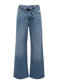 Wide-leg jeans made of light blue denim, featuring a drawstring waist, front pockets, and a frayed hem, with a smooth texture.