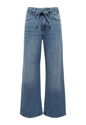 Wide-leg jeans made of light blue denim, featuring a drawstring waist, front pockets, and a frayed hem, with a smooth texture.