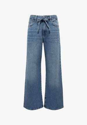 Wide-leg jeans made of light blue denim, featuring a drawstring waist, front pockets, and a frayed hem, with a smooth texture.