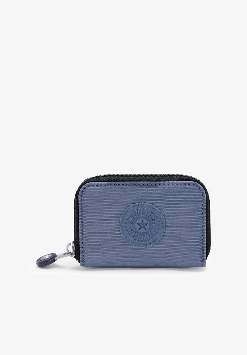 Blue nylon wallet with a textured surface, zip closure, and a circular logo patch. Features a black zipper and a round pull tab.