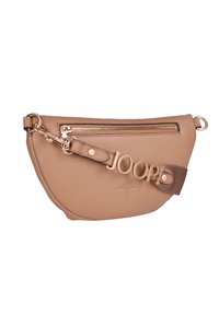 Borsa a tracolla in pelle beige con hardware argentato, tasca con zip e una tracolla con il logo "JOOP!". Texture liscia con una silhouette arrotondata.