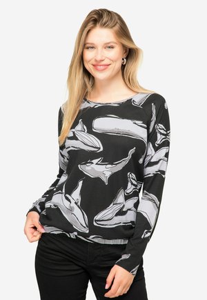 Schwarz langärmliges Shirt mit einem Wal-Muster in Grautönen, mit einem runden Ausschnitt und lockerer Passform. Glatte, leichte Stofftextur.
