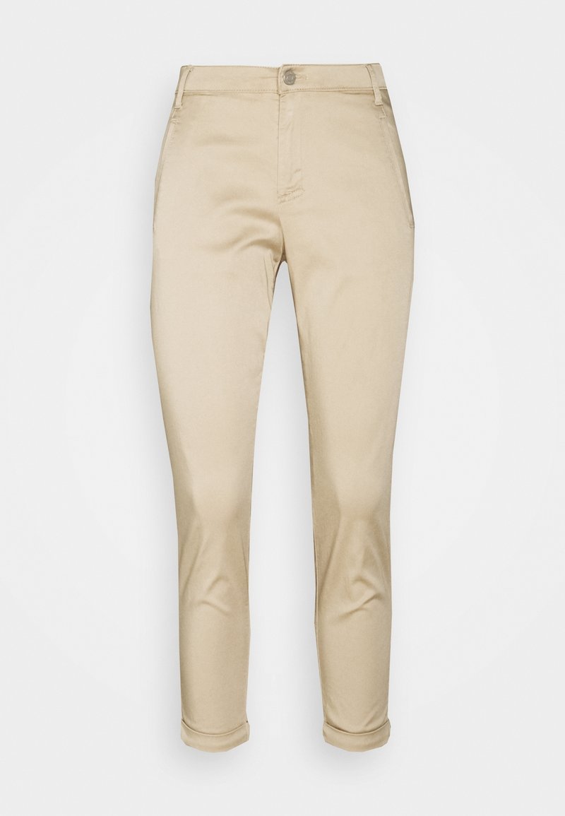Chinos beiges en tissu lisse, avec un design simple, une coupe droite, des poches avant et des ourlets retroussés aux chevilles.
