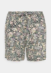 Shorts fleuris avec un fond noir, présentant un motif floral multicolore. Fabriqués en tissu léger, avec une taille à cordon.