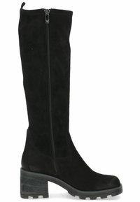 Stivale in suede nero al ginocchio con tacco spesso, zip laterale e suola in gomma. Presenta una texture liscia e un design minimalista.