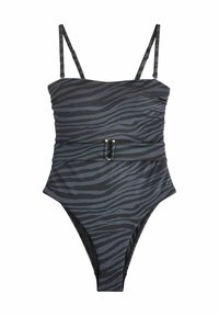 Enopiece kopalke z zebra vzorcem v črni in sivi barvi, tanjšimi nastavljivimi naramnicami, pasom s posnetkom in visokimi izrezi na nogah.