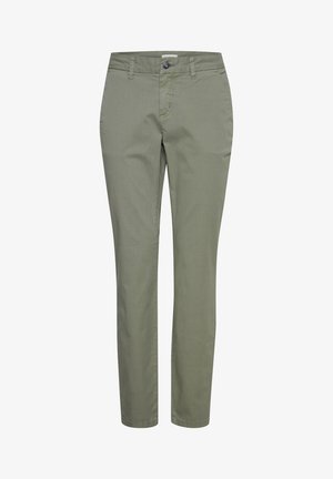 Olive-green cotton chinos with a straight cut, button and zip closure, front pockets, and subtle texture. Smooth finish, no patterns.