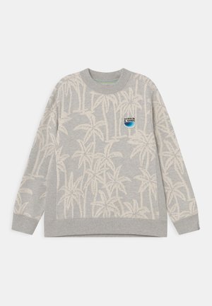 Sweat-shirt gris clair avec motif beige de palmiers et une petite écusson rond « Scotch & Soda » sur la poitrine, manches longues, col rond.