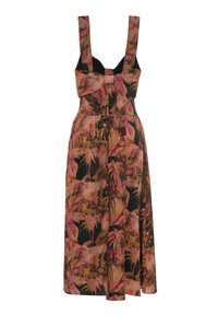 Blumen-Midi-Kleid mit breiten Trägern, gerafftem Oberteil und Schleifen-Detail. Präsentiert lebendige rosa, grüne und braune Muster auf einem schwarzen Hintergrund.