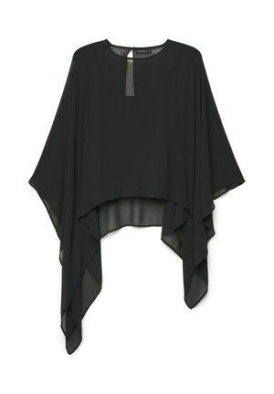 Schwarze, transparente Bluse im Poncho-Stil mit rundem Ausschnitt, Frontschlitz, asymmetrischem Saum und locker fallenden Ärmeln.