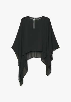 Blouse noire en voile transparent de style poncho avec encolure ronde, ouverture en forme de goutte à l'avant, ourlet asymétrique et manches larges et fluides.