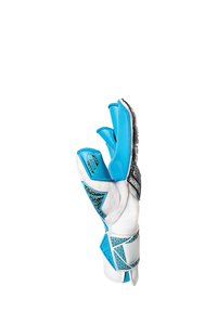 Gant de gardien de but avec une base blanche et des accents bleu, noir et turquois, surface texturée et sangle de fermeture angulée pour un ajustement sécurisé.