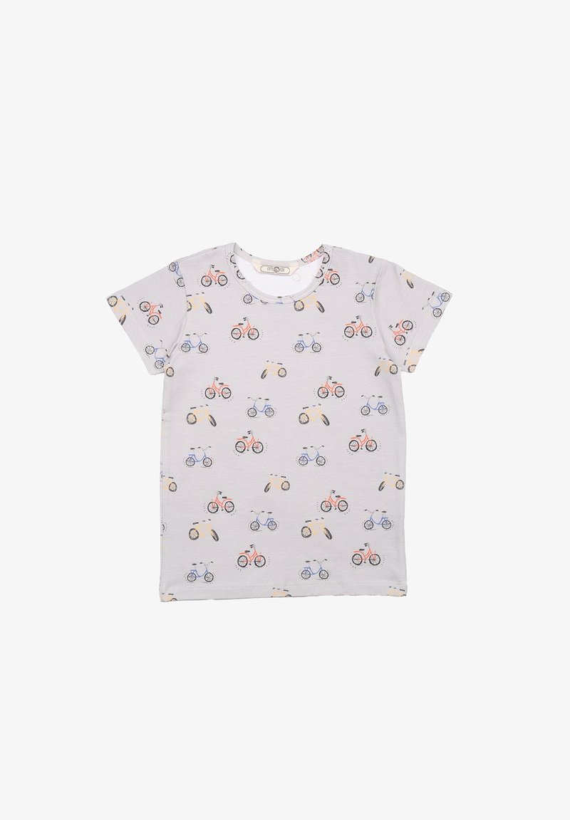 Graues T-Shirt mit kurzen Ärmeln, das ein farbenfrohes Muster von Fahrrädern und Rädern zeigt. Aus weicher Baumwolle gefertigt, mit einem klassischen Rundhalsausschnitt.