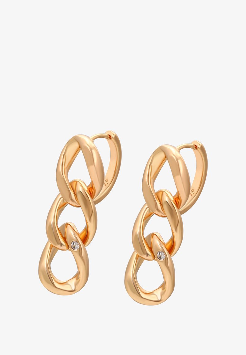 Guldtonede øreringe med sammenkædede kædelinker og en lille klar ædelsten-Accent. Glat, blank overflade med afrundede kanter.