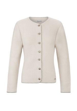Cremefarbener Cardigan mit rundem Ausschnitt, fünf silbernen Knopfverschluss, strukturiertem Strickstoff und kontrastierendem Stich entlang der Kanten.