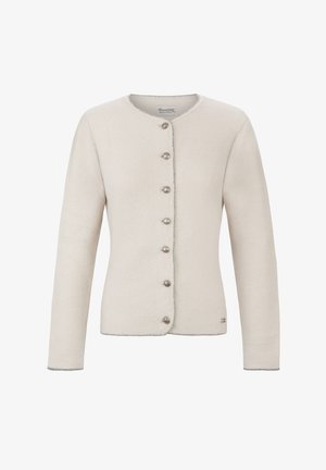 Cremefarbener Cardigan mit rundem Ausschnitt, fünf silbernen Knopfverschluss, strukturiertem Strickstoff und kontrastierendem Stich entlang der Kanten.