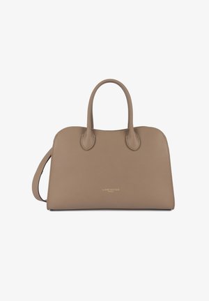 Sac à main en cuir taupe avec deux poignées arrondies, une bandoulière amovible, et un logo doré "LANCASTER PARIS" au centre avant.