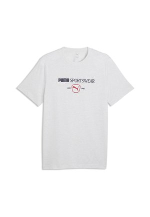 Hvid Puma t-shirt med korte ærmer med sort "Puma Sportswear" tekst og rød Puma-logo, etableret 1948, centreret på brystet.