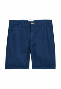 Marineblauwe katoenen shorts met een knoopsluiting, zijzakken en een opgevouwen zoom. Glad textuur met een klassiek pasontwerp.