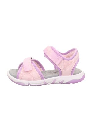 Rosa und lavendelfarbene synthetische Sandalen mit verstellbaren Riemen, Mesh-Seiten, grauem Fußbett und weißer Gummisohle mit strukturiertem Muster.