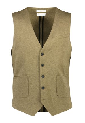 Olijfgroen vest met een V-hals ontwerp, zeven knopen, twee voorke pockets en een subtiele textuur. Voorzien van een zwart-wit gestreepte voering.