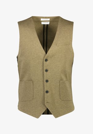 Olivengrüne Weste mit V-Ausschnitt, sieben Knöpfen, zwei frontalen Taschen und einer dezenten Textur. Besitzt ein schwarz-weiß gestreiftes Futter.