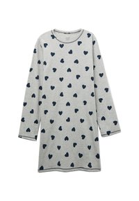 Abito grigio a maniche lunghe realizzato in tessuto morbido, con un motivo di piccoli cuori blu navy distribuiti uniformemente sulla superficie.