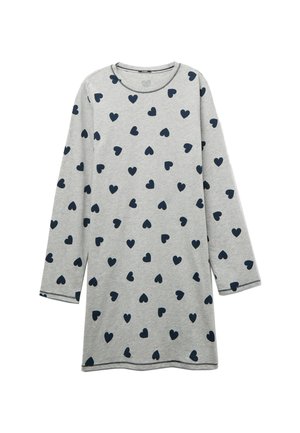 Graues Langarmkleid aus weichem Stoff, mit einem Muster aus kleinen, gleichmäßig verteilten, marineblauen Herzen auf der Oberfläche.