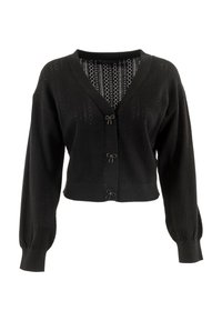 Cardigan nero con scollo a V, motivo a maglia testurizzato, maniche lunghe a sbuffo e bottoni accentuati da fiocchetti, con una fodera interna a motivo contrastante.