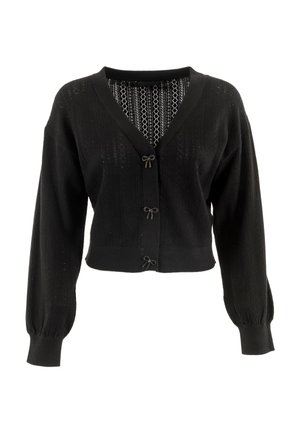 Black cardigan with a V-neck, textured knit pattern, long puff sleeves, and bow-accented buttons, featuring a contrasting patterned inner lining.