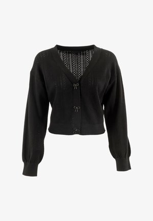 Cardigan nero con scollo a V, motivo a maglia testurizzato, maniche lunghe a sbuffo e bottoni accentuati da fiocchetti, con una fodera interna a motivo contrastante.