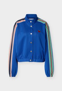 Μπλε μπουφάν με φερμουάρ και πολύχρωμες ρίγες στα μανίκια, χρυσά κουμπιά κατά μήκος του μπροστινού μέρους, ελαστική μέση και μικρή κόκκινη κεντημένη φράουλα στο στήθος.