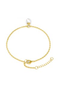 Bracciale in oro con una catena delicata e una perlina bianca rotonda, dotato di un clasp regolabile e di una piccola catena di estensione per la regolazione della misura.
