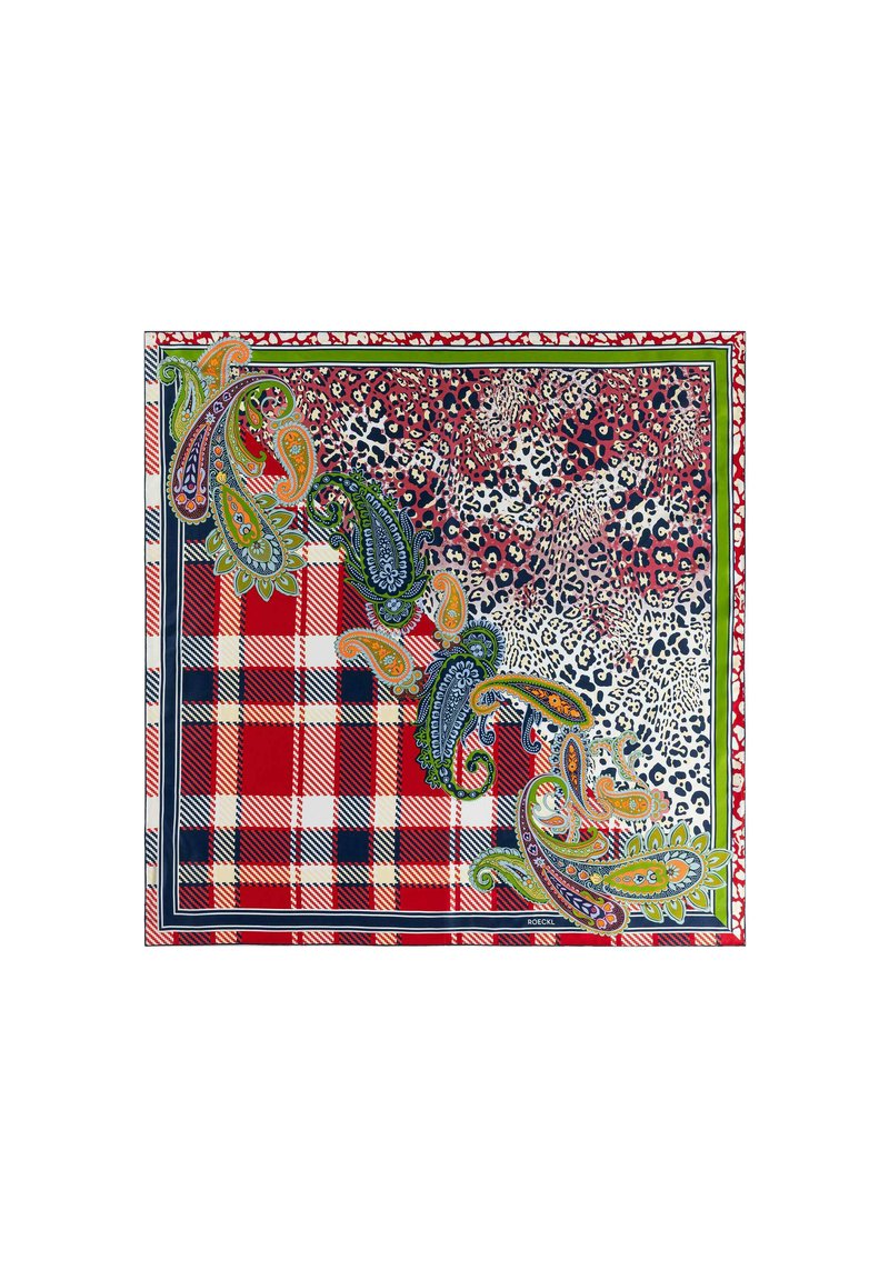 Silk scarf featuring a paisley and animal print design in blue, green, and red, with a plaid pattern in white and navy. Finished with a border.