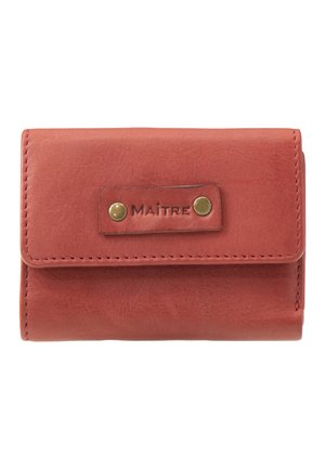 Red leather wallet with fold-over design, featuring a brass snap closure and embossed "MAÎTRE" label on a leather patch. Smooth texture.