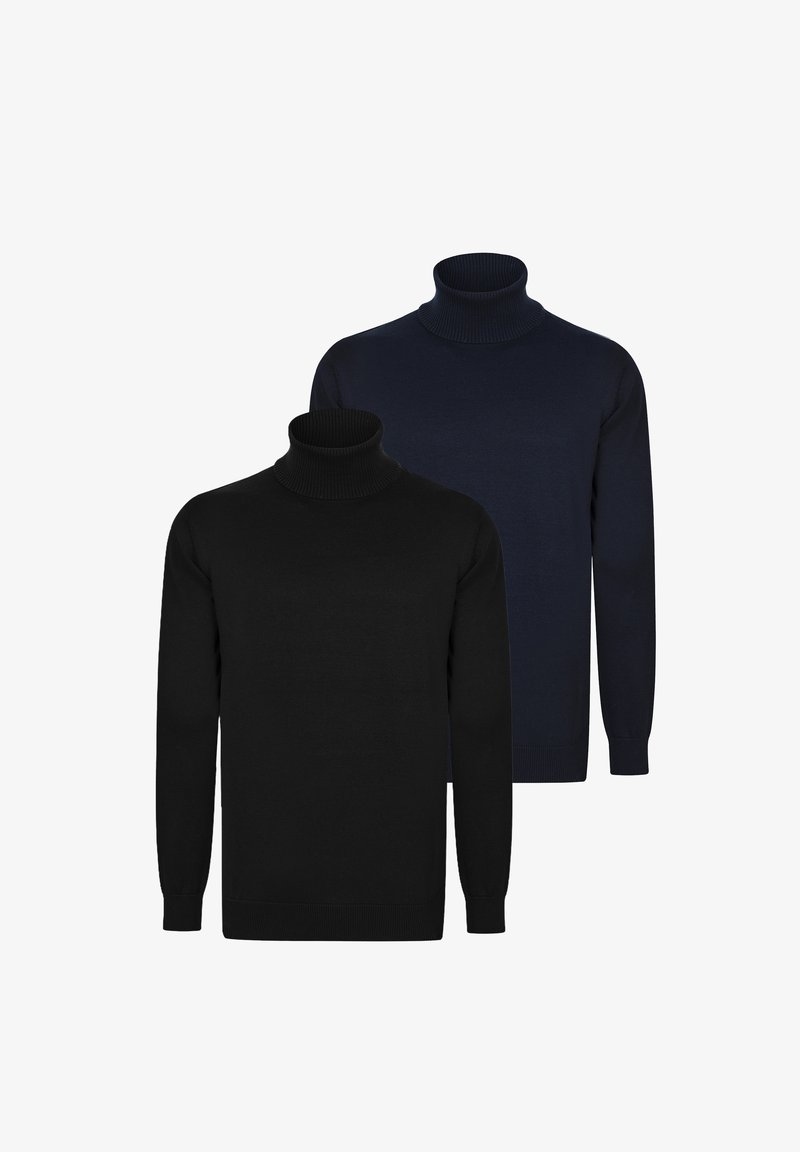 Zwei Rollkragenpullover: einer in Schwarz und einer in Marineblau. Aus weichem Stoff, mit gerippten Kragen und langen Ärmeln, in figurbetonter Passform.