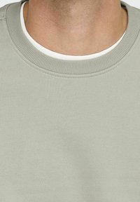 Lichtgroene pullover trui met een gestructureerde, geribbelde halsband en een gelaagde witte ronde hals onder. Zachte stofafwerking.