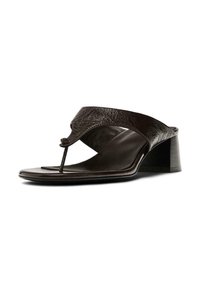 Brown leather sandal featuring a T-bar design, open toe, and a block heel. The straps have a textured pattern and smooth finish.