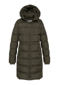 Lang, olivengrøn, polstret vinterjakke med hætte, frontlynlås, to lynlåslommer og justerbar talje med snore.