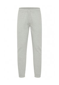 Graue Sweatpants aus einem Baumwollmix, mit einem Kordelzugbund, schmal zulaufenden Beinen, gerippten Bündchen und einer glatten Textur.