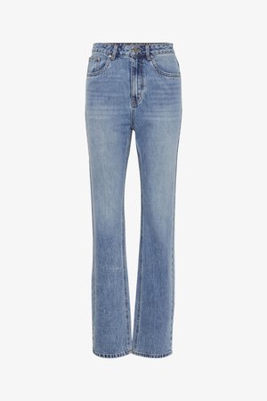 Světlé modré denimové džíny s vysokým pasem, rovného střihu, pěti kapsami, viditelným šitím a mírně vybledlým texturou.