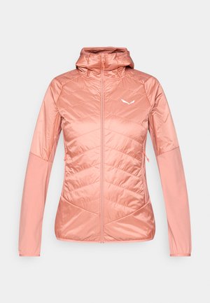 Könnyű, kapucnis dzseki puha rózsaszínben, a elülső részén steppelt mintával, kontrasztos sima ujjakkal és cipzáras zsebekkel.