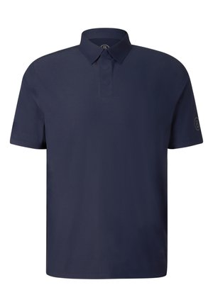 Marineblaues Polohemd mit kurzen Ärmeln, klassischem Kragen und drei Knöpfen an der Knopfleiste.